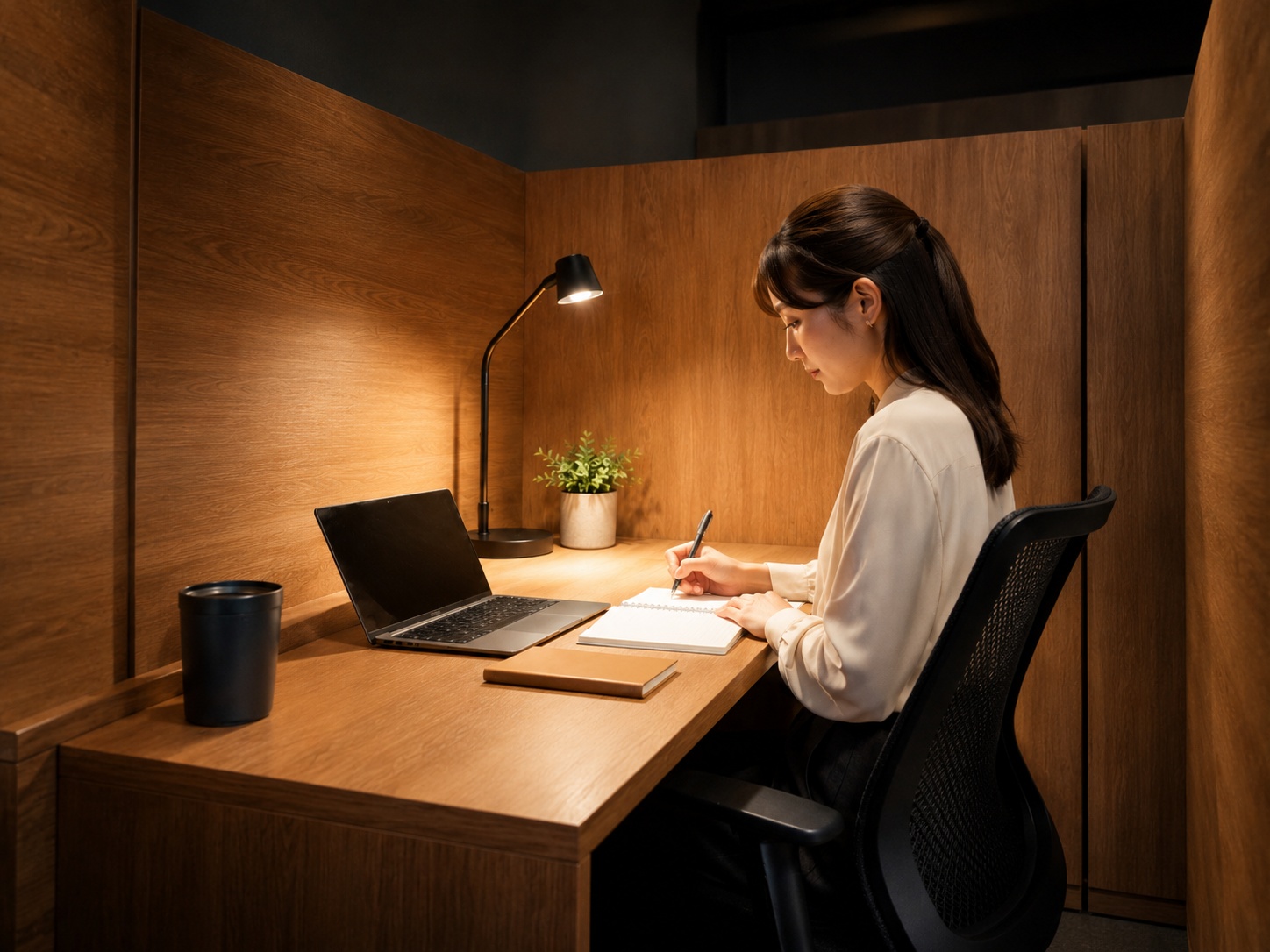 社会人が自習室で集中して学習している様子