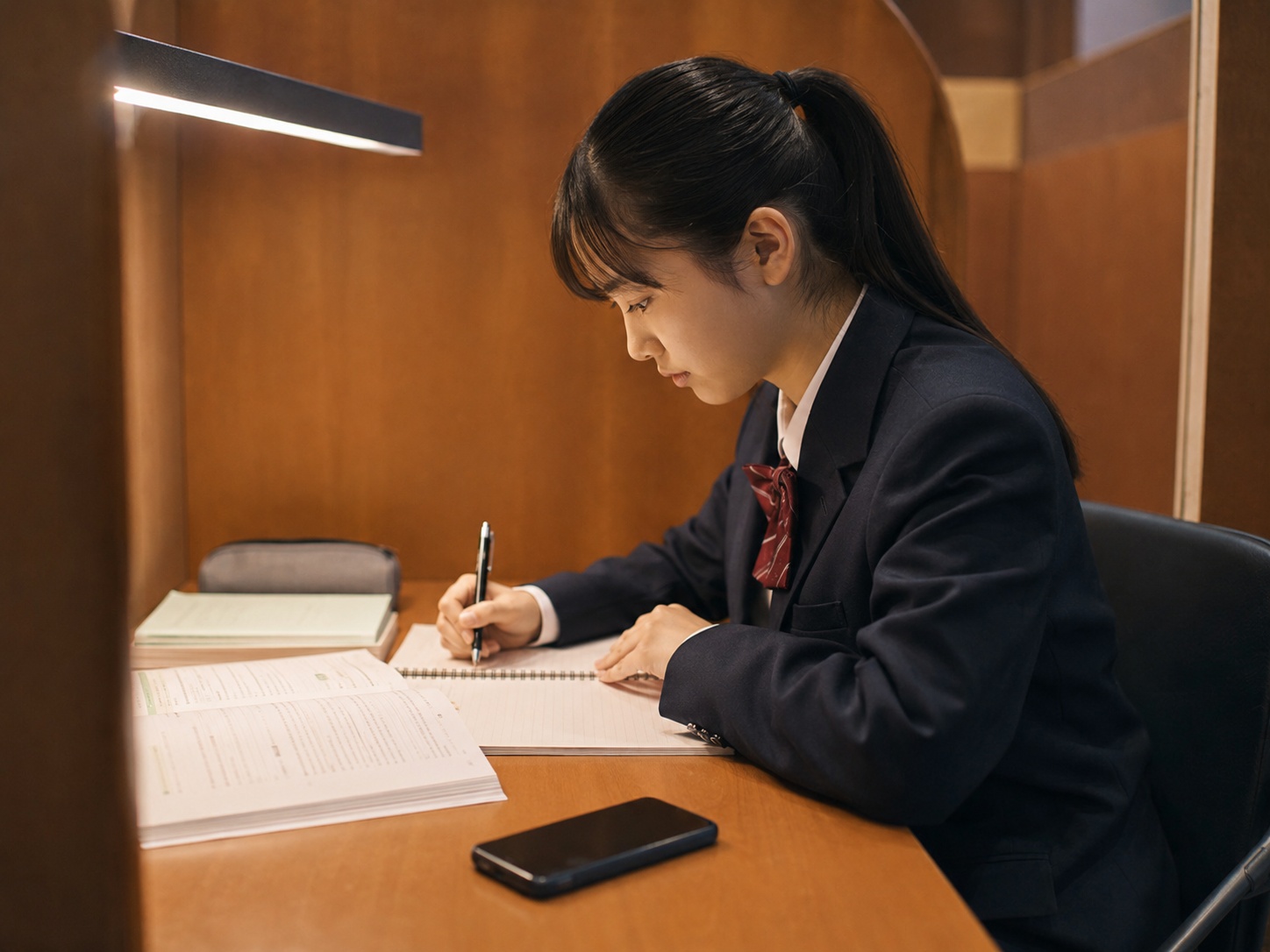 受験生が自習室で集中して勉強している様子