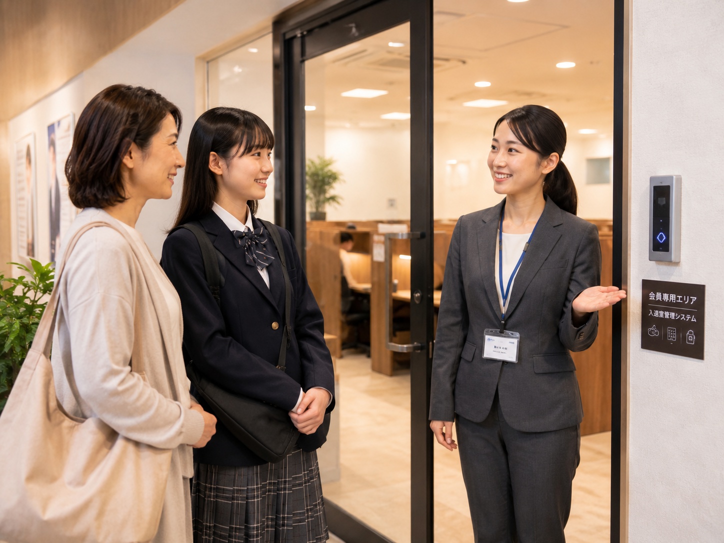 保護者と一緒に自習室を見学するイメージ